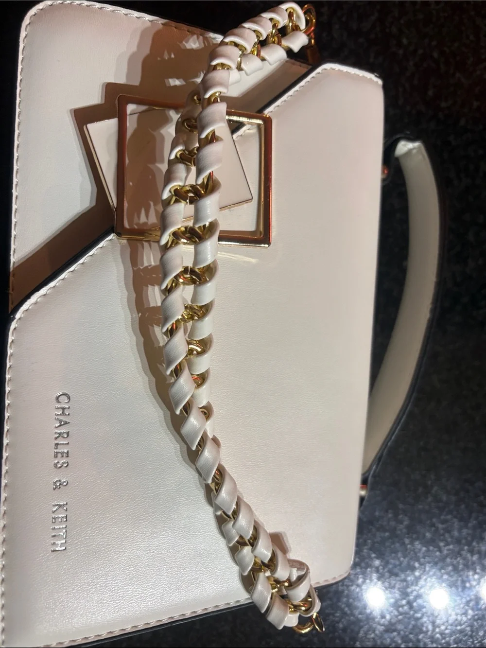 Charles & Keith White Structured Crossbody Bag with Gold Buckle and extra strap